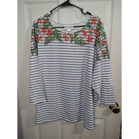 Serengeti Woman's 3X Tee 3/4 Sleeve Striped Floral Pullover - Picture 1 of 8